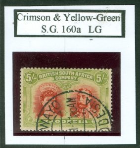 SG 160a Rhodesia 1910-13. 5/- crimson & yellow-green. Very fine used CAT £200