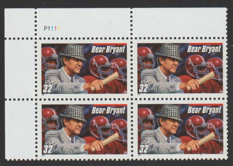 SC# 3148 - (32) - Bear Bryant - (red bar) - MNH Plate Block/4 UL # P1111