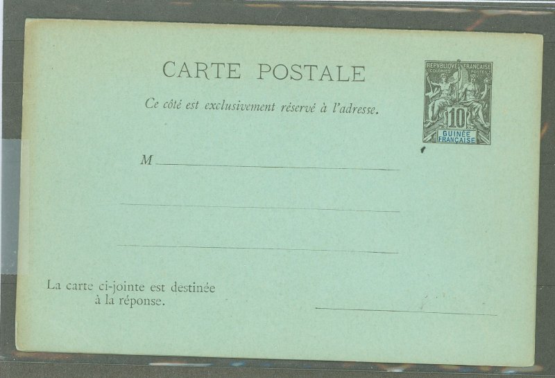 French Guinea  1892 10c + 10c black on bluish, faint edge toning and on back of reply