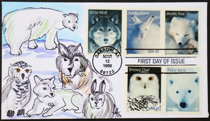 U.S. Used #3288-3292 33c Arctic Animals Fox Hand-Painted First Day Cover