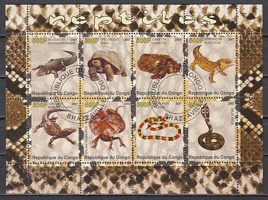 Congo Rep., 2007 issue. Reptiles sheet of 8. Canceled.