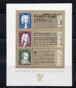 German Democratic Republic 1985 Sheet of 3 Bach, Handel, Schutz, Scott 2463 MNH