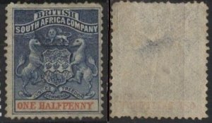 Rhodesia Sc. #1 (used, thin) ½p “British South Africa Company”, blu & ver (1891)