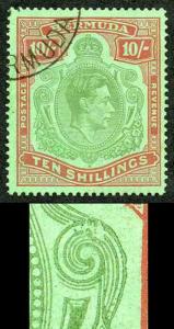 Bermuda SG119be KGVI 10/- Line Perf 14.25 BROKEN LOWER RIGHT SCROLL