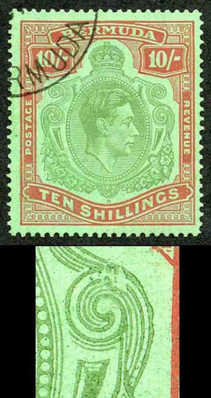 Bermuda SG119be KGVI 10/- Line Perf 14.25 BROKEN LOWER RIGHT SCROLL