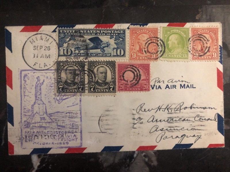 1929 Miami USA First Flight cover FFC To Us Consulate Asuncion Paraguay