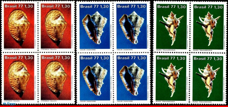 1513-15 BRAZIL 1977 SEA SHELLS, MOLLUSC, MARINE LIFE MI# 1604-06 C-992 BLOCK MNH