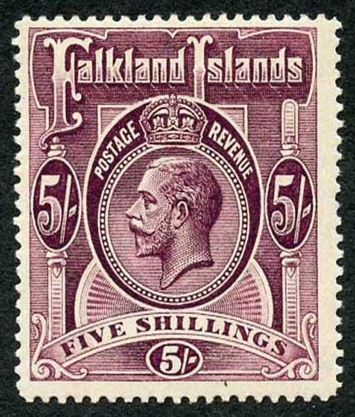 Falkland Island SG67b KGV 5/- Maroon (small printers offset on reverse) M/Mint