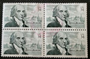 USA, 2001, James Madison & home,#3545, block of 4, used, SCV$1.00