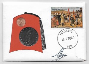 Turkey Coin Cover 1970 2 1/2l and 1k coins the stamp shows Kemel Ataturk