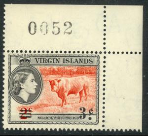 BRITISH VIRGIN ISLANDS 1962 3c on 2c BULL Surcharged SHEET No. Single Sc 130 MNH