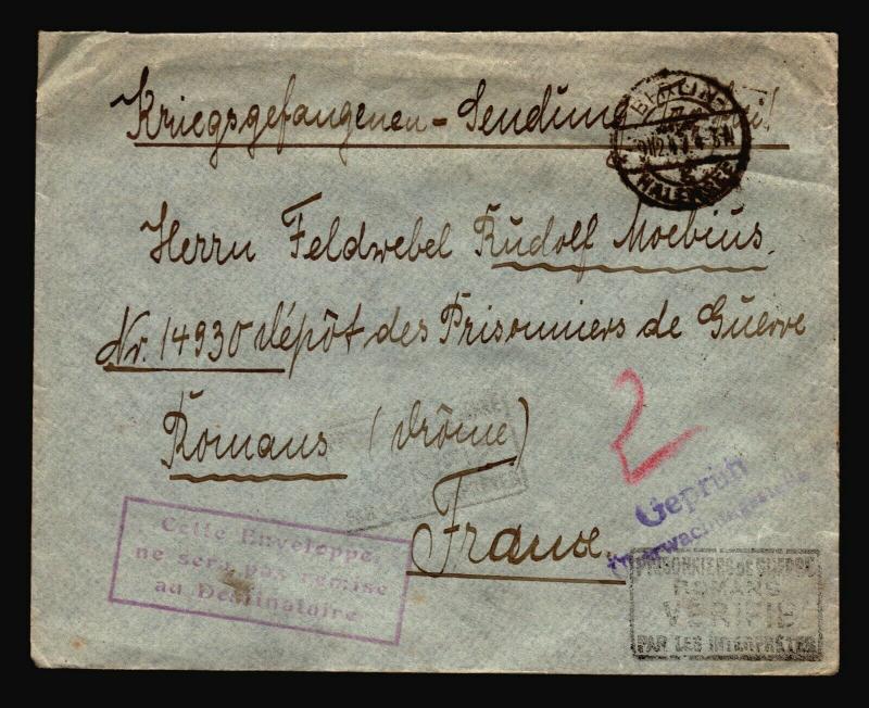 Germany 1917 POW Cover to France / Berlin / Top Creases - Z14333