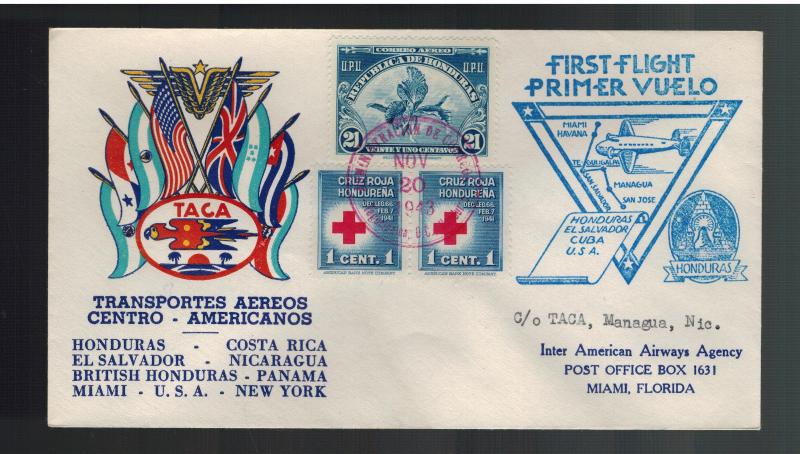 1943 Honduras TACA Airlines First Flight Cover FFC to Miami USA