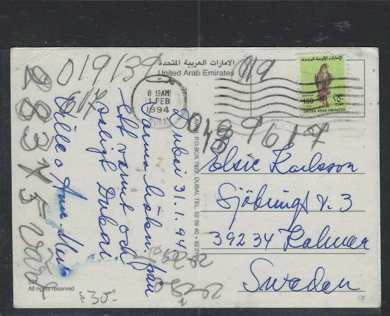 UAE  COVER (PP0802B)  1994 BIRD 150 DH ON PPC SENT DUBAI TO SWEDEN