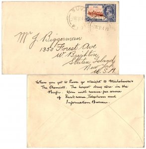 Fiji 3d KGV Silver Jubilee 1935 Suva, Fiji to West Brighton, Staten Island, N...