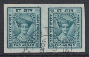 SG 21a Indore 1927-37. 2a bluish-green, imperf pair. Very fine used, full