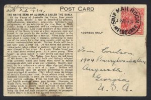 AUSTRALIA 1934 SHIP MAIL ROOM MELBOURNE P.C. OF KOALA BEAR TO US VERTICAL CREASE