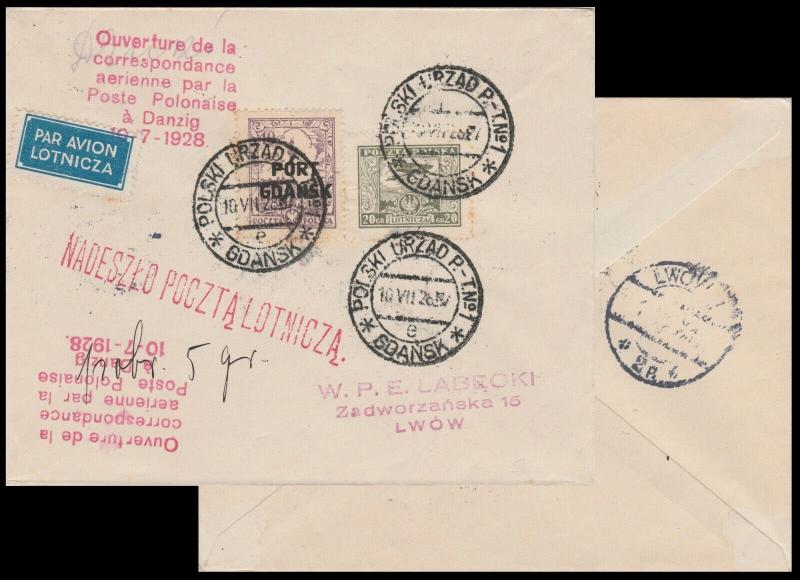 POLOGNE / POLAND 1928 (July 10) RARE 1st Polish Air Mail in GDANSK Cover to Lwow