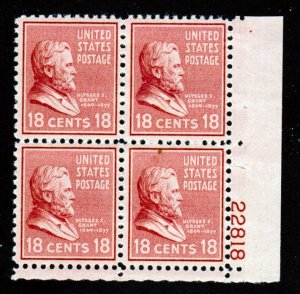 SC# 823 - (18c) -   Ulysses S. Grant, MNH plate block/4 - LR # 22818