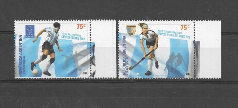 ARGENTINA 2003 SPORTS, FEMALE HOCKEY, FOOTBALL FOR THE BLIND. SET OF 2 VALUES