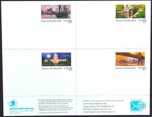 1989 US Sc. #UX139-UX142a postal card sheet of 4, mint, very good condition,