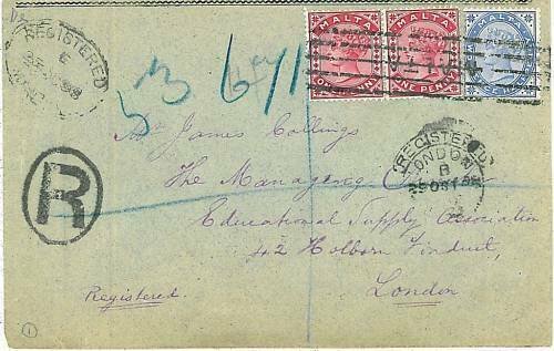 01300 - MALTA - POSTAL HISTORY: REGISTERED COVER TO LONDON 1898