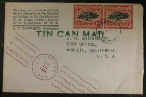 1934 Niuafoou Tonga Toga Islands Tin Can Mail Cover To Anaheim Ca USA