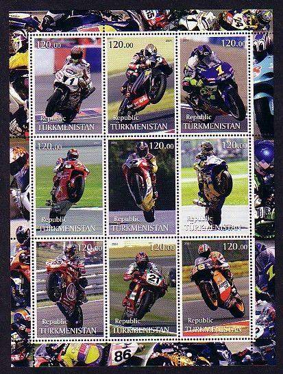 Turkmenistan, 2001 Russian Local issue. Motorcyclists sheet. ^