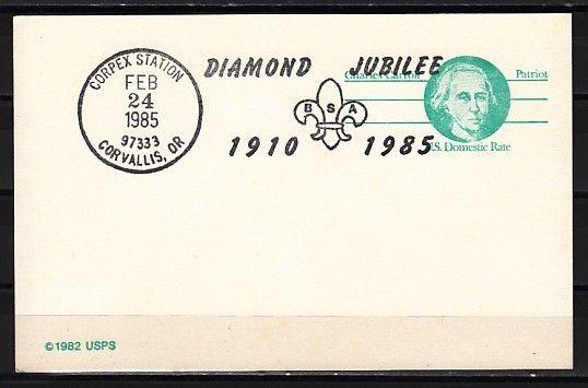 United States, 24/FEB/85. Scout Diamond Jubilee cancel on a Postal card.