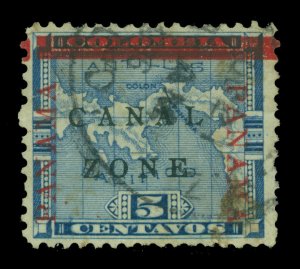 CANAL ZONE (US) 1904 Map of Panama Ovpt. 5c blue  Canal anitque type Sc# 12a U