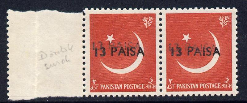 Pakistan 1961 surcharged 13p on 2a horiz pair with surcha...