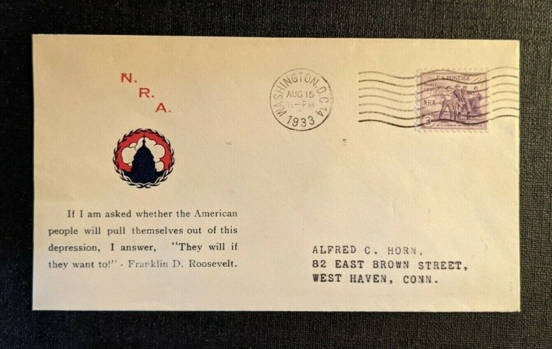 1933 NRA Washington DC FDC 732 1 Cover to West Haven CT