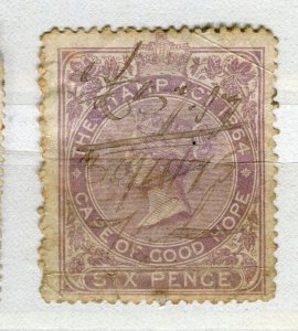 SOUTH AFRICA; 1870s classic QV Stamp Duty Revenue issue used 6d. value