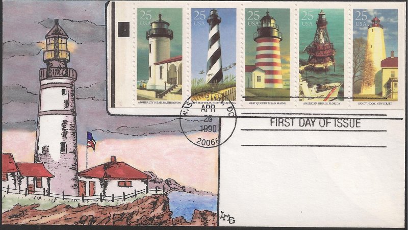 Larry M. Gassen Hand Painted FDC for the 1990 Lighthouses Booklet Stamps