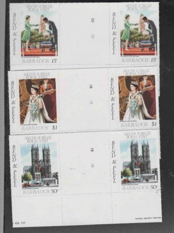 BARBADOS #452-454 1977 QEII SIVER JUBILEE MINT VF NH O.G GUTTER PAIR ee