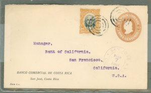 Costa Rica  1907 10c brown envelope with 10c stamp; used from San Jose to San Franciso.