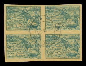 AZERBAIJAN 1921 SEMI-POSTAL Food Carrier 500r blue Scott B1 used BLOCK of 4 VF R