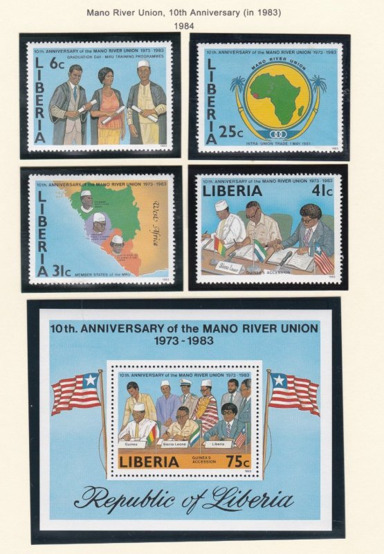 Liberia # 982-985, 986, Mano River Union 10th Anniversary, Mint NH, 1/2 Cat.