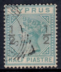 CYPRUS — SCOTT 16 (SG 23) — 1882 ½ SURCHARGE ON ½pi QV ISSUE — USED — SCV $92