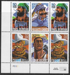 US #3083-3086 MNH Plate Block of 6. Folk Heroes.  Very Nice.