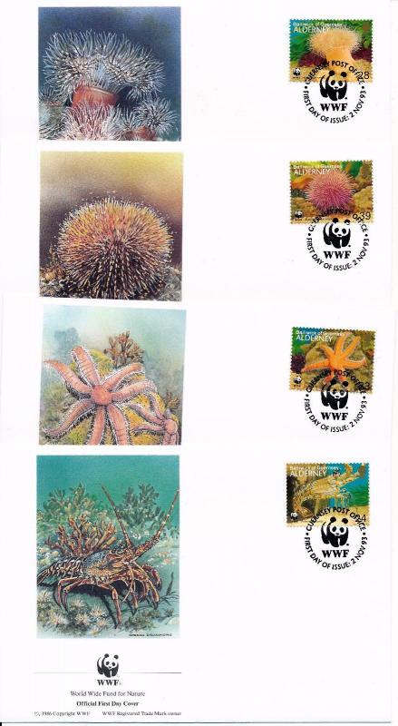 [53940] Alderney 1993 Marine life WWF Lobster Sea star  FDC 4 covers