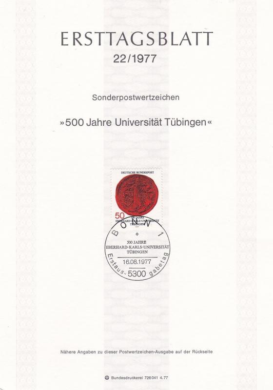 West Germany 1977 500 Jahre Universitat Tubingen Ersttagsblatt