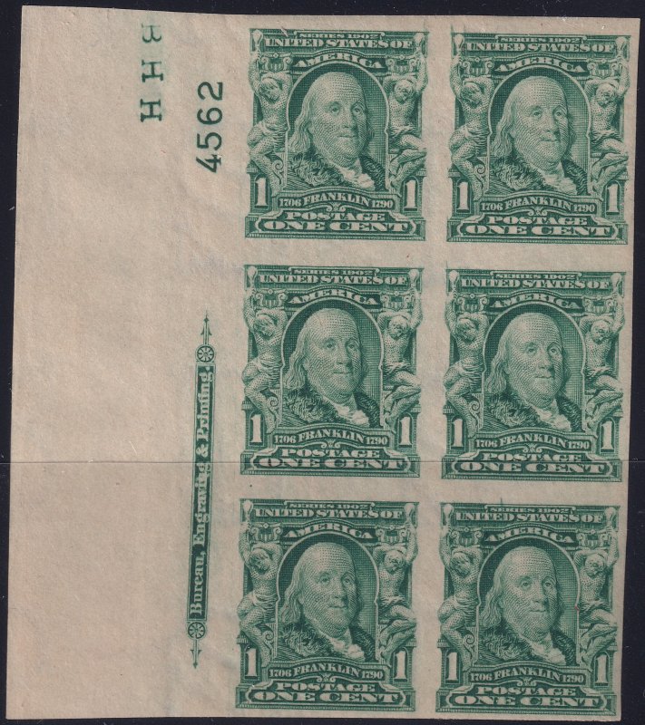 #314 Mint NH, VF, Plate number block of 6, imprint (CV $325) (CV $30 - ID4603...