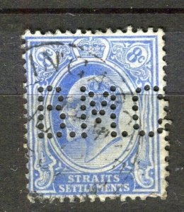 STRAITS SETTLEMENTS; Early 1900s Ed VII issue used 8c. + PERFIN