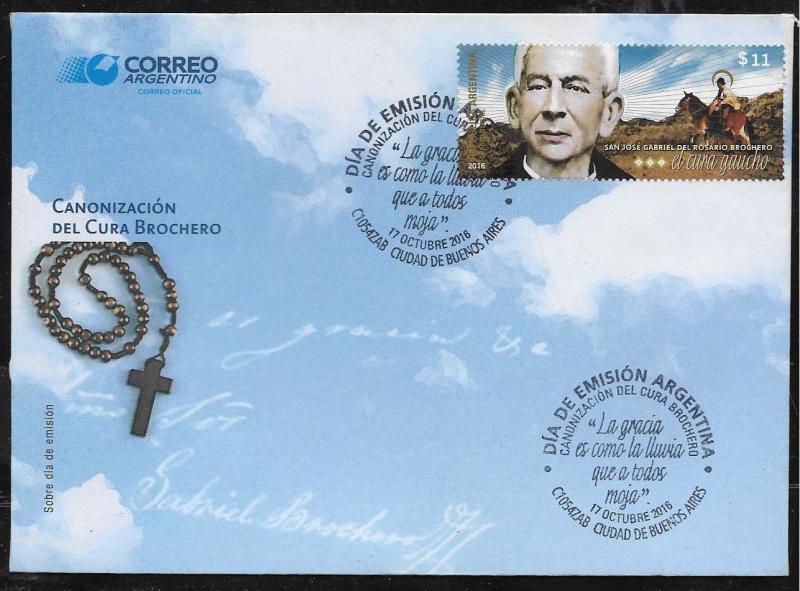 ARGENTINE ARGENTINA 2016 RELIGION EDUCATION CURA BROCHERO YV 3156 FDC