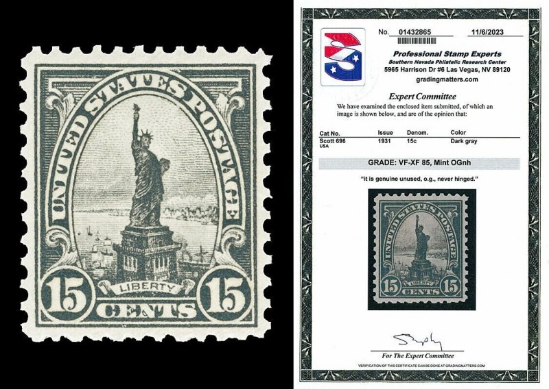 Scott 696 1931 15c Liberty Rotary Press Mint Graded VF-XF 85 NH with PSE CERT