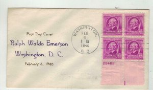 1940 Famous Americans NIX PLATE # BLOCK FDC 861-20B Author RALPH WALDO EMERSON