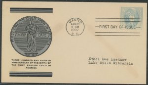US 796 1937 5c Virginia Dare commemorative (single) on an addressed first day cover with a Linprint cachet.