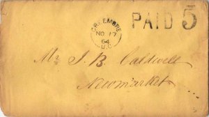 Canada Creemore, U.C. 1864 Paid 5 SL on Stampless Letter to New Market, Ont.