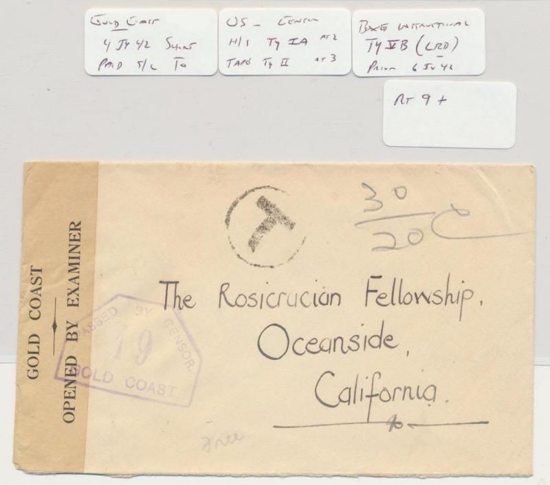 GOLD COAST -USA 1942 CENSOR COVER SHORT PAID+T MK, 3d RATE (SEE BELOW